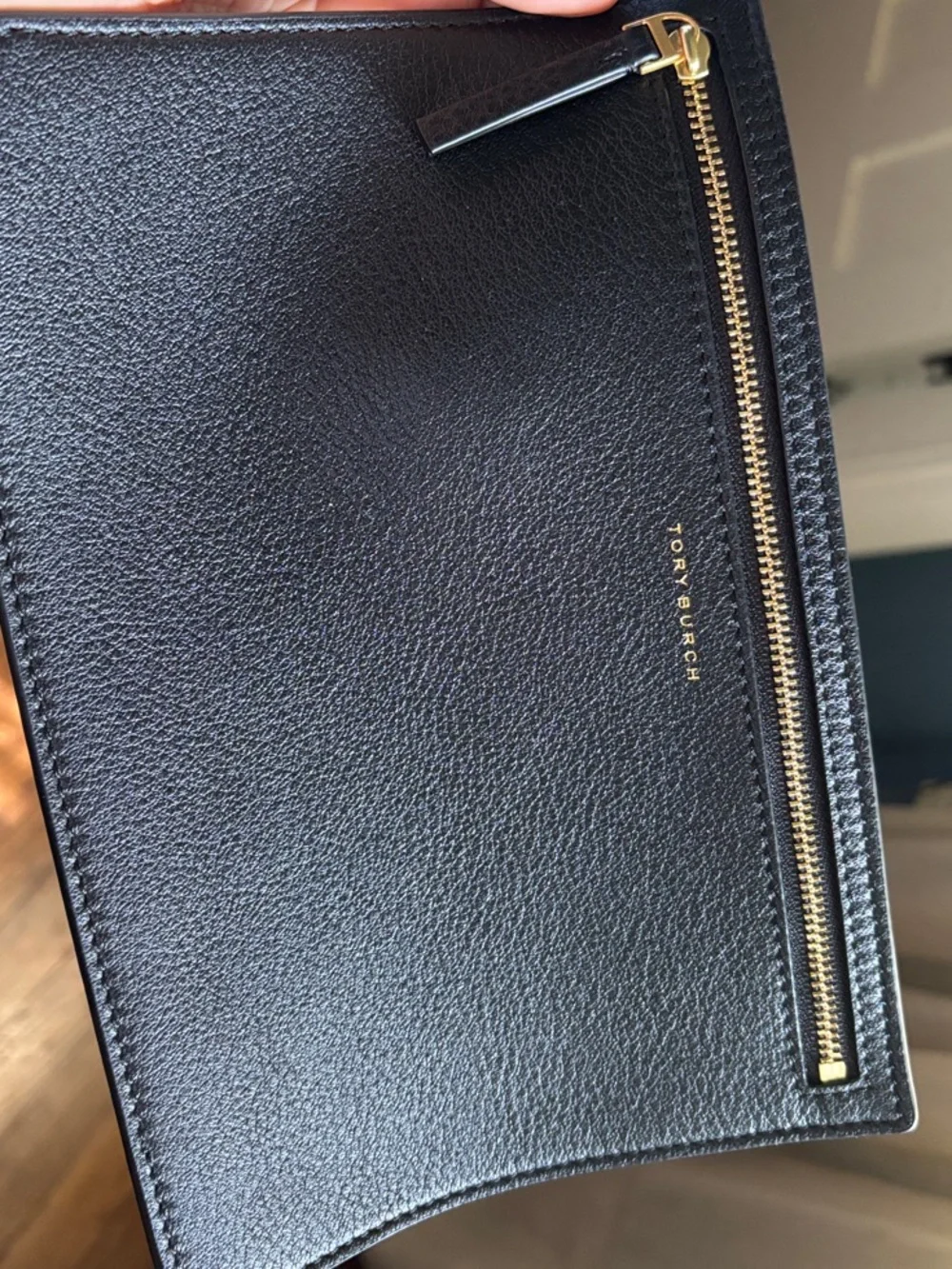 Tory Burch New Black Pebbled Leather Tote with detachable matching zipper wallet